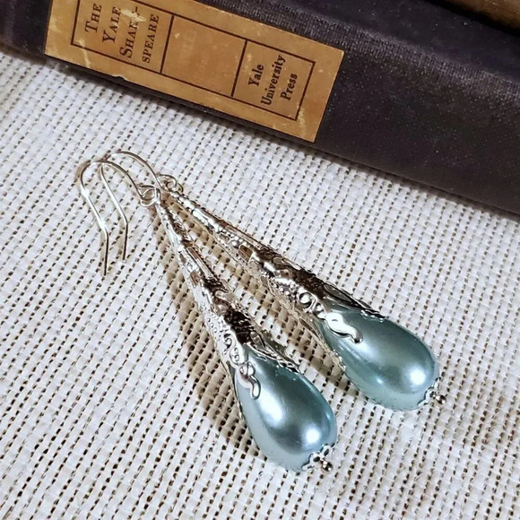 Sustainable Lacy Silver Filigree Light Blue Faux Pearl Long Teardrop Earrings - Picture 4 of 6
